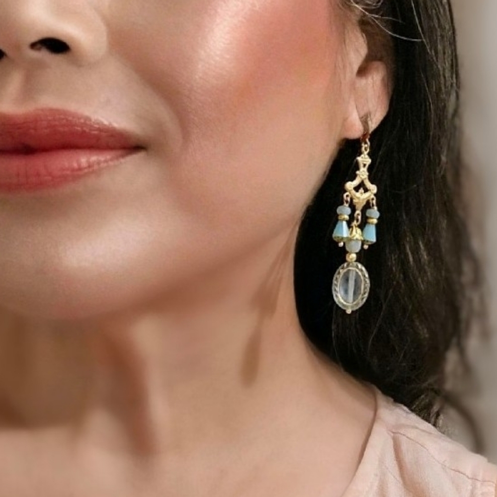 Victorian Aqua Blue Glass In Gold Plated Chandelier Art Deco Earrings - Picture 8 of 8
